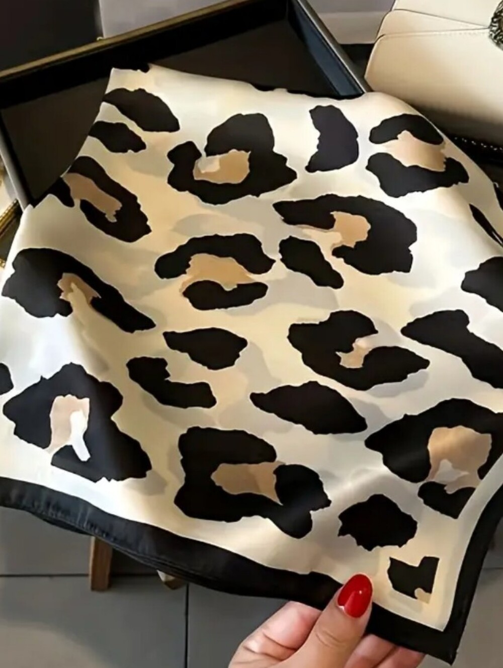 Silk -feel Leopard Print Satin in Black, Cream Head Scarf , Necj Scarf